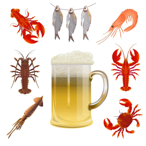 Set de mariscos y jarra de cerveza — Vector de stock