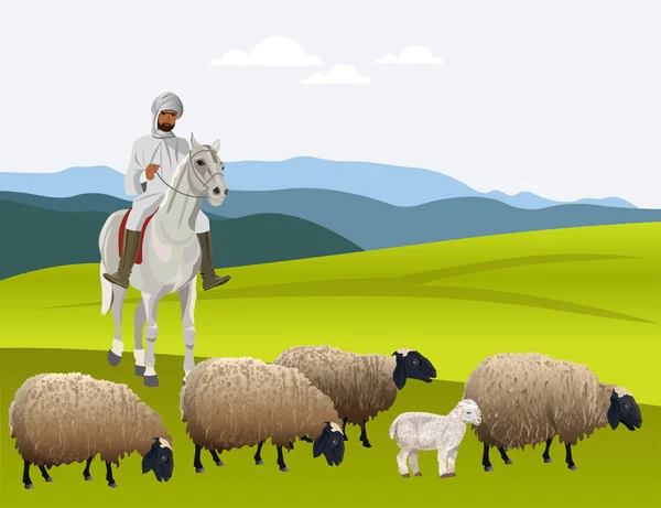 Pastor pastoreando seu rebanho de ovelhas —  Vetores de Stock