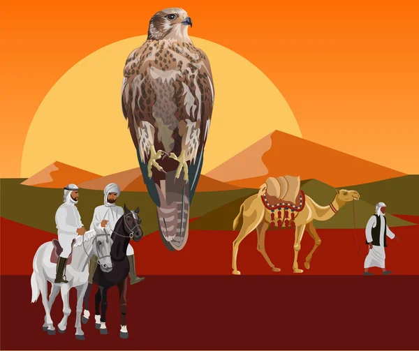 Falcon beeld op een achtergrond van zonsondergang in de woestijn — Stockvector