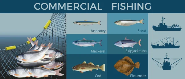 Conjunto da indústria da pesca, ilustração vetorial em estilo plano — Vetor de Stock