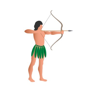 Oklu ve yaylı yerli avcı okçu savaşçı. Vektör illüstrasyonu beyaz arkaplanda izole edildi