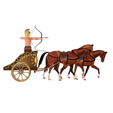 Roman archer on an ancient war chariot drawn by three horses. Vector illustration isolated on white background clipart