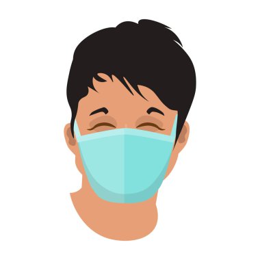 Korumalı tıbbi maske takan Asyalı adamın yüzü. Vektör illüstrasyonu beyaz arkaplanda izole edildi