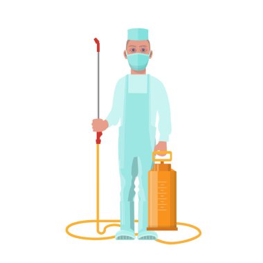 Koruyucu giysili ve maskeli bir adam. Vektör illüstrasyonu beyaz arkaplanda izole edildi