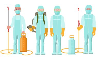 Koronavirüsle mücadele için koruyucu giysiler giyen bir grup doktor. Vektör illüstrasyonu beyaz arkaplanda izole edildi