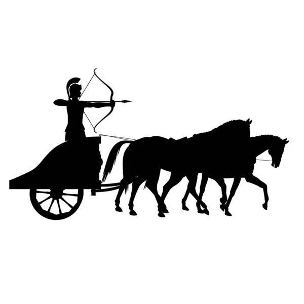 Silhouette Roman Archer Ancient War Chariot Drawn Three Horses Vector — Stock Vector