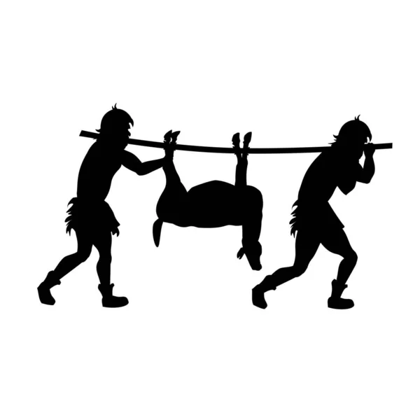 Silhouettes Primitive People Return Hunting Prey Vector Illustration Isolated White — Stock Vector