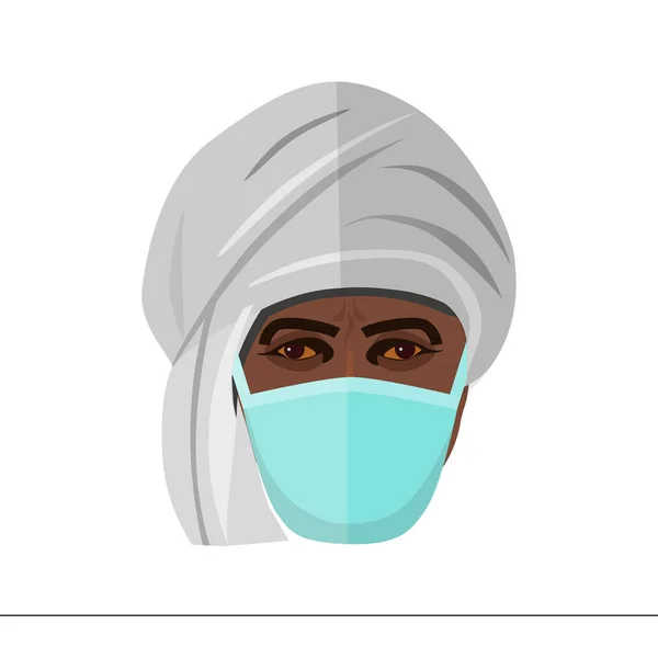 Rostro Del Hombre Árabe Con Máscara Médica Protectora Ilustración Vectorial — Vector de stock