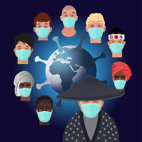 Covid Pandemic People Different Countries Protective Masks Background Planet Earth — Stock Vector