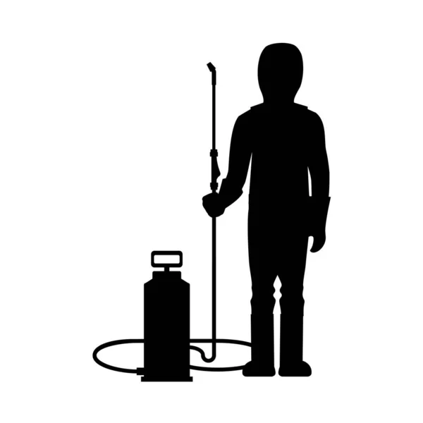 Silhouette Man Protective Medical Suit Disinfecting Sprayer Vector Illustration Isolated — Stock Vector