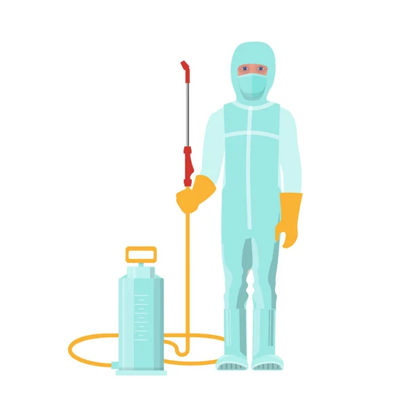 Man Protective Medical Suit Disinfecting Sprayer Vector Illustration Isolated White — Stock Vector