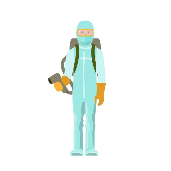 スプレー銃で保護医療スーツの男 白を基調としたベクトルイラスト — ストックベクタ