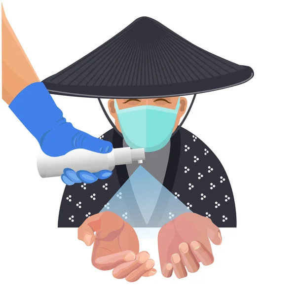 Γέρος Κινέζος Θεραπεύει Χέρια Του Ένα Απολυμαντικό Σπρέι Για Αποτρέψει — Διανυσματικό Αρχείο