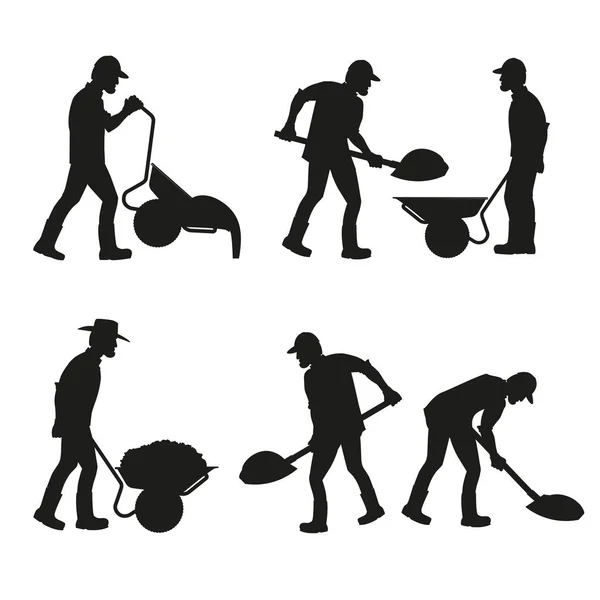 Set Construction Workers Silhouettes Wheelbarrows Shovels Vector Illustration Isolated White — Stock Vector