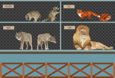 Wild animals behind bars in zoo cage clipart