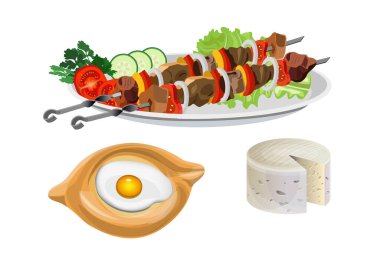 Shashlik, yumurta ve yumuşak peynirli khachapuri..
