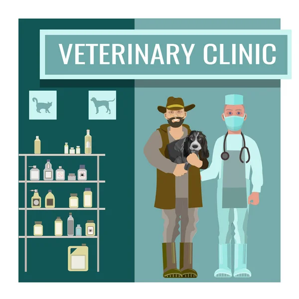 Vet clinic with veterinarian doctor and dog owner — Stock Vector