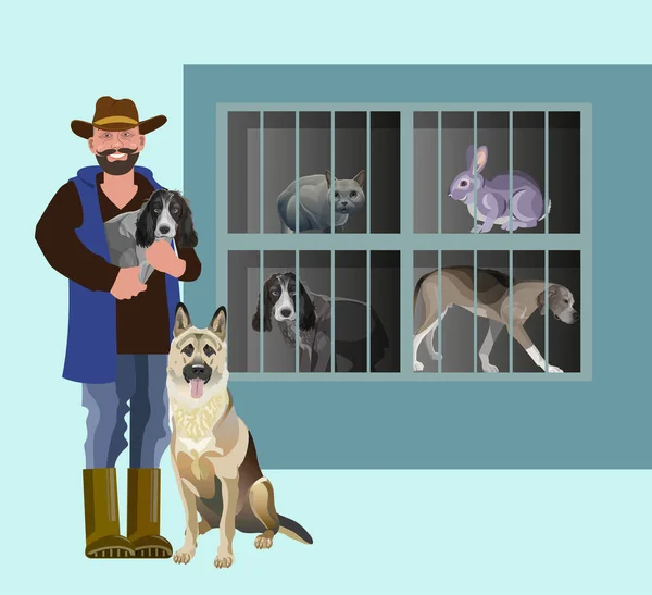 Refugio de animales con mascotas y voluntario con perros — Vector de stock