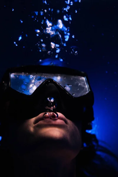 Closeup View Beautiful Woman Pool Water Wearing Swimming Mask — Stock Photo, Image