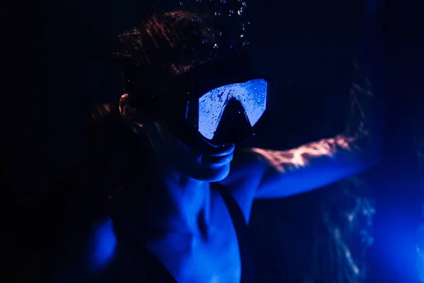 Closeup View Beautiful Woman Pool Water Wearing Swimming Mask — Stock Photo, Image