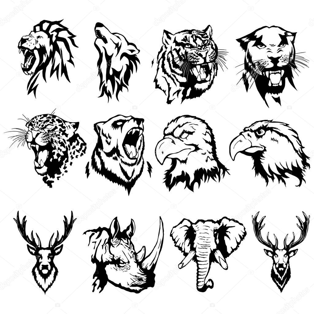 Isolated illustration of the head of an eagle, an owl, a deer, a