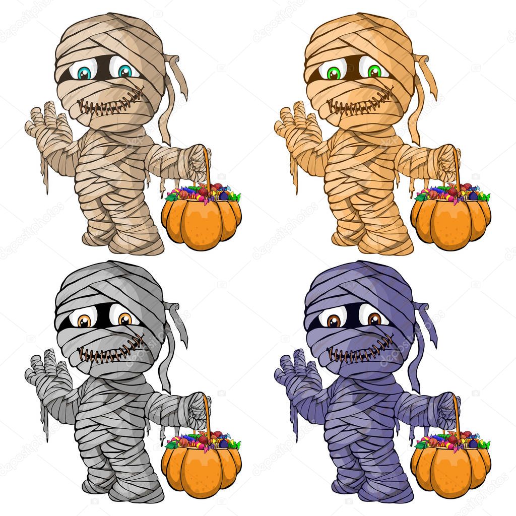 Vector isolated illustration of a set of  merry mummies for Halloween