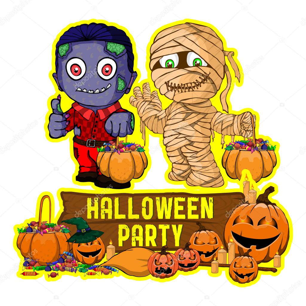 Halloween poster design with vector zombie and mummy character