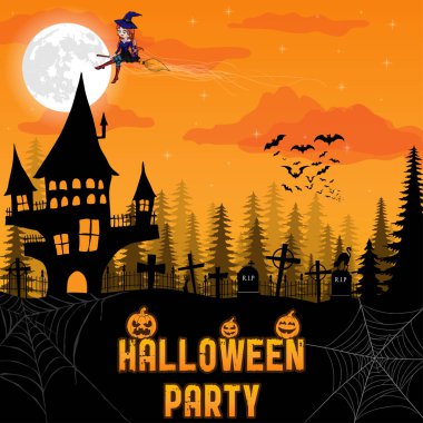 Cadılar Bayramı Balkabağı, perili ev ve dolunay arka plan. 