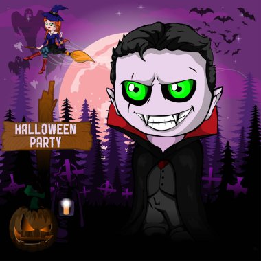 Cadılar Bayramı partisi tasarım şablonu, vampir, cadı, kabak lamba.