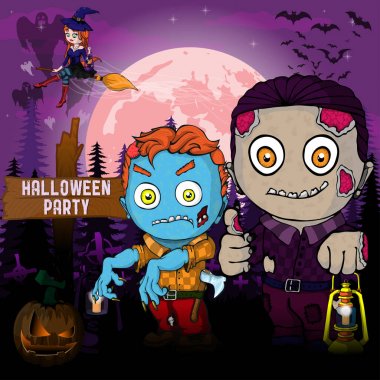 Cadılar Bayramı partisi tasarım şablonu, zombi, cadı, kabak ve lamba.