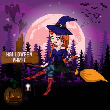 Cadılar Bayramı partisi tasarım şablonu, zombi, cadı, kabak ve lamba.