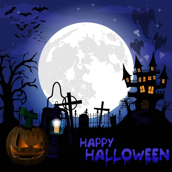 Calabazas de Halloween y castillo oscuro sobre fondo azul Luna, ilustración. — Vector de stock
