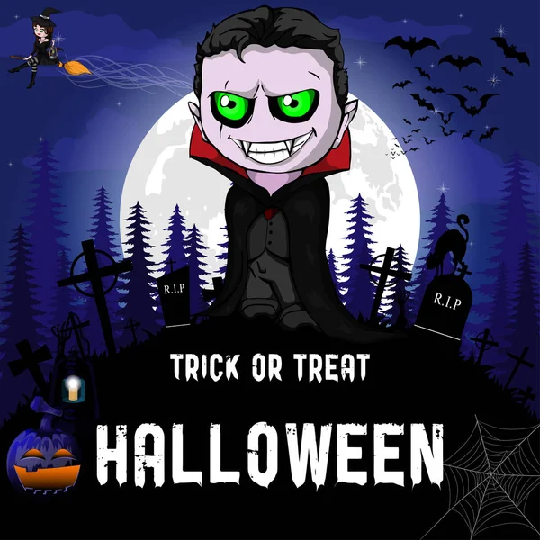 Designvorlage für die Halloween-Party mit Hexe, Vampir, Kürbis und Lampe — Stockvektor