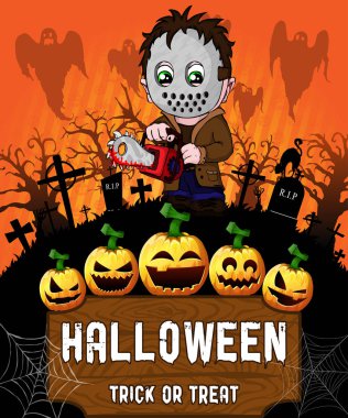 Cadılar Bayramı maskesi ile seri katille poster. Vektör çizim