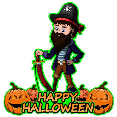 Neşeli korsan Cadılar Bayramın kutlu olsun izole beyaz arka plan üzerinde istiyor.