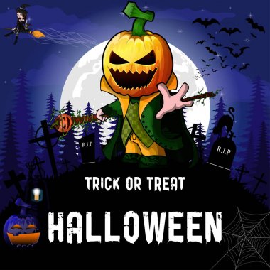 Cadı, kabak çizgi film karakteri ile Cadılar Bayramı partisi tasarım şablonu