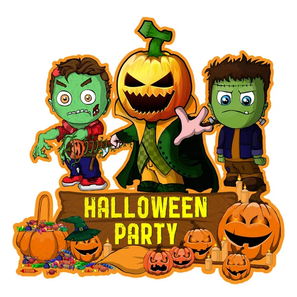 Diseño de póster de Halloween con vector zombie, Frankenstein y personajes de dibujos animados de calabaza — Vector de stock