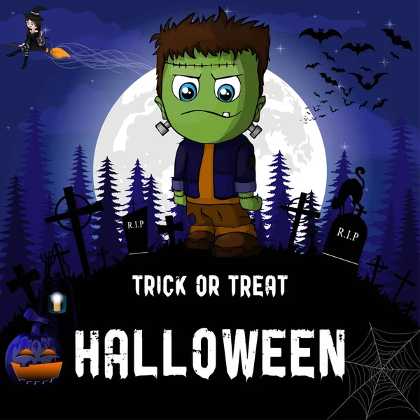 Halloween Party Design modelo, com bruxa, Frankenstein, abóbora e lâmpada — Vetor de Stock