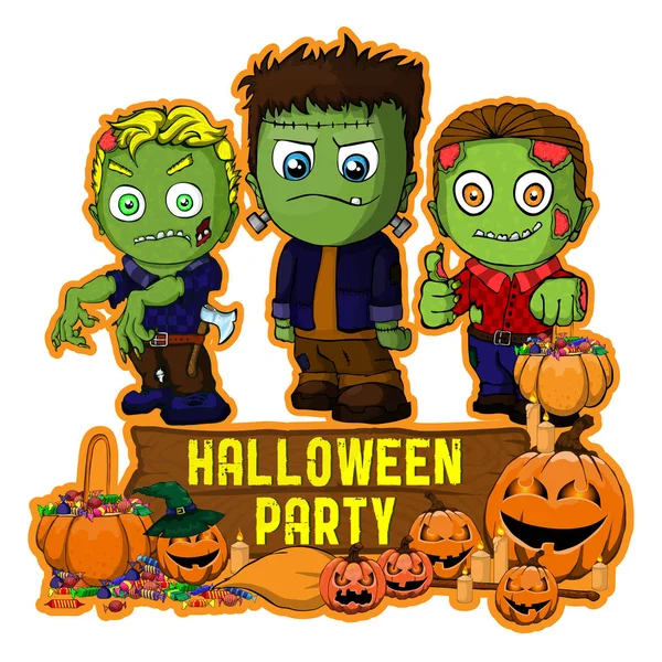 Diseño de póster de Halloween con Frankenstein vector y personajes zombies — Vector de stock