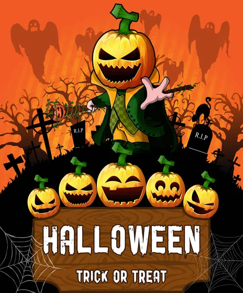 Плакат Хэллоуина с персонажем мультфильма "Тыква". Векторная иллюстрация . — стоковый вектор