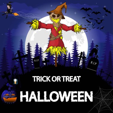 Cadılar Bayramı partisi tasarım şablonu, Korkuluk, cadı, kabak ve lamba