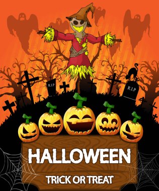 Halloween korkuluk ile poster. Vektör çizim.