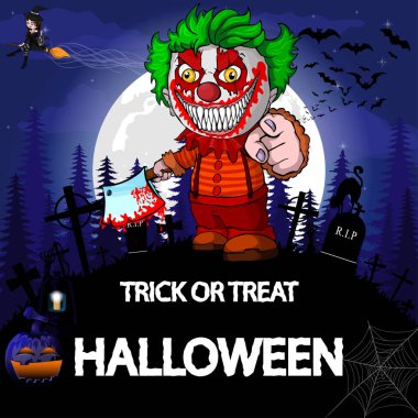 Cadılar Bayramı partisi tasarım şablonu, palyaço, cadı, kabak ve lamba.