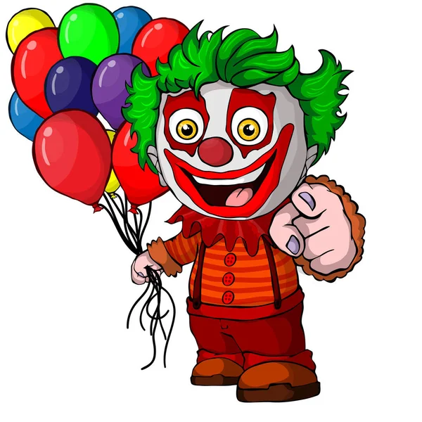 Il buffo clown con dei palloncini in mano. Illustrazione vettoriale — Vettoriale Stock