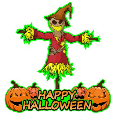 Korkuluk Cadılar Bayramın kutlu olsun izole beyaz arka plan üzerinde istiyor.