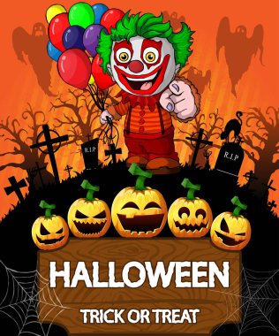 Halloween bir baloons tutan palyaço ile poster. Vektör çizim