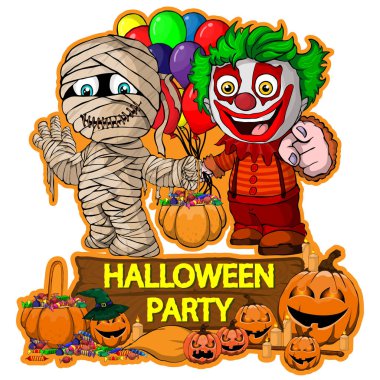 Cadılar Bayramı poster tasarımı vektör mumya ve palyaço karakterlerle