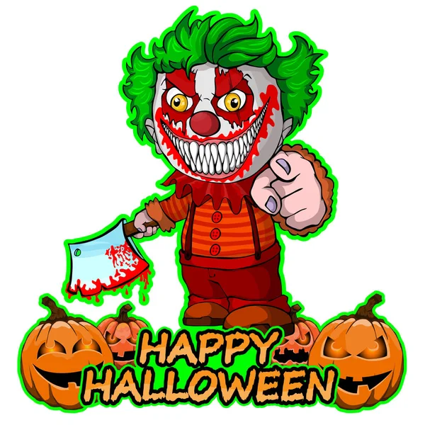 Böser Clown, der ein Messer in der Hand hält, wünscht fröhliches Halloween auf isoliertem weißem Hintergrund — Stockvektor