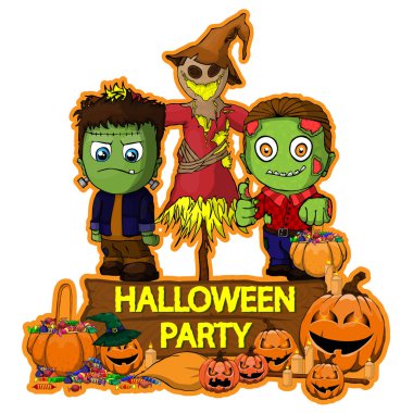 Cadılar Bayramı poster tasarımı ile vektör Frankenstein, Korkuluk ve zombi karakterleri