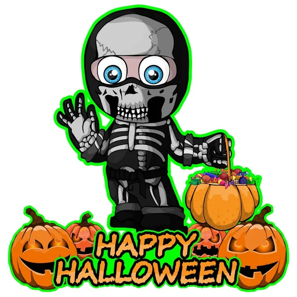 Ein Junge im Anzug eines Skeletts wünscht ein frohes Halloween. — Stockvektor